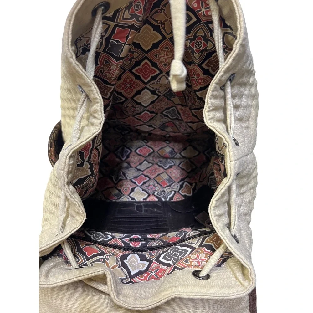 Vera‎ Bradley Quilted Canvas Suede Trim Backpack Cream Brown Boho Rucksack